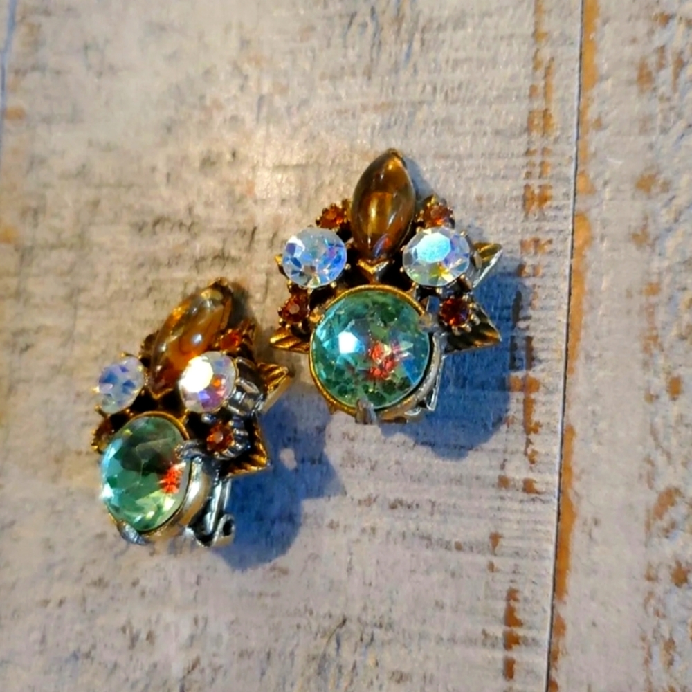 Rare vintage Florenza watermelon tourmaline and brass earrings